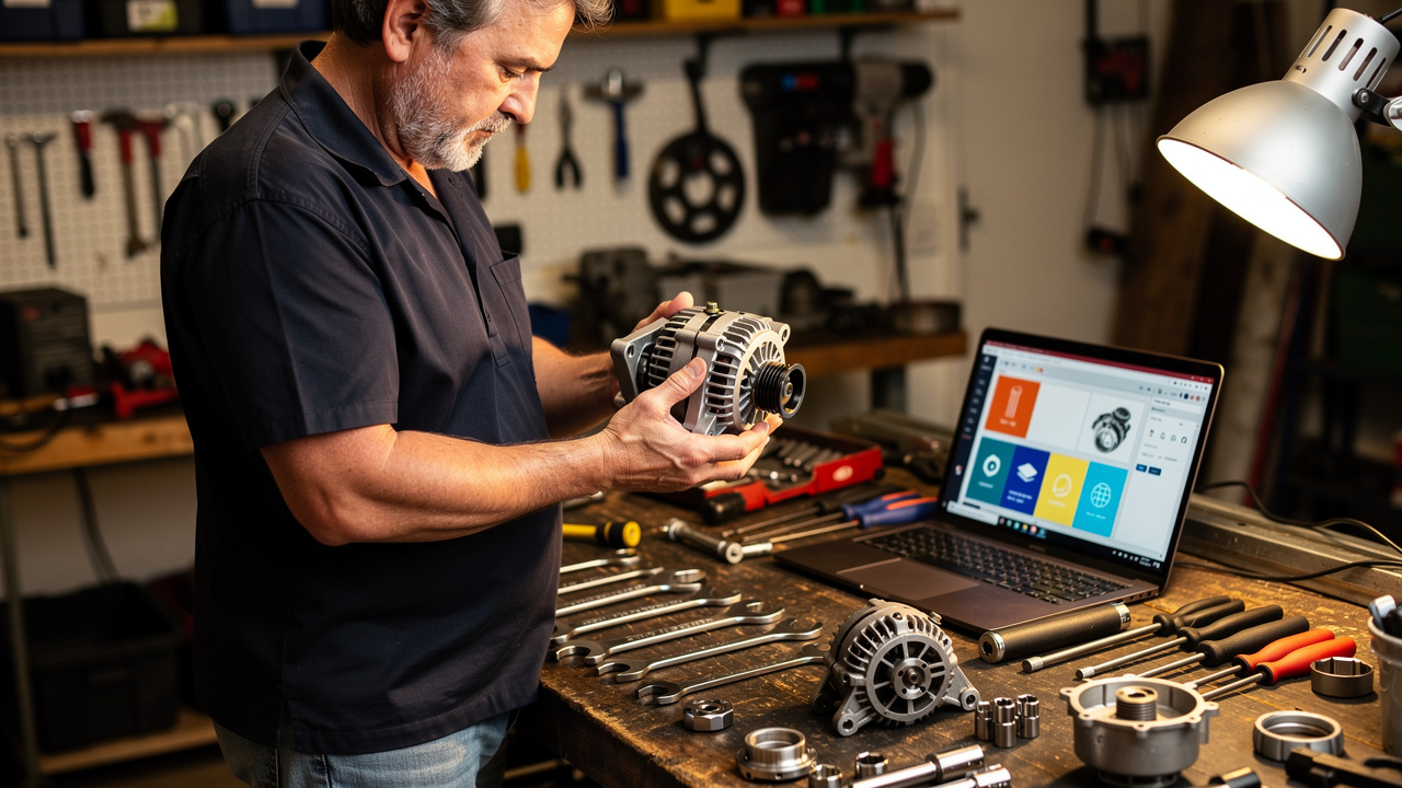 Mécanicien amateur comparant un alternateur automobile avec des images de pièces affichées sur un ordinateur portable dans un atelier.
