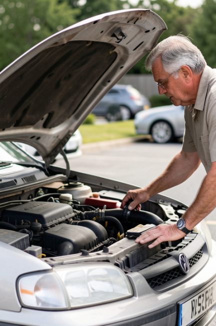 Un homme inspecte attentivement le moteur d’une voiture d’occasion au capot ouvert sur un parking éclairé par la lumière naturelle.