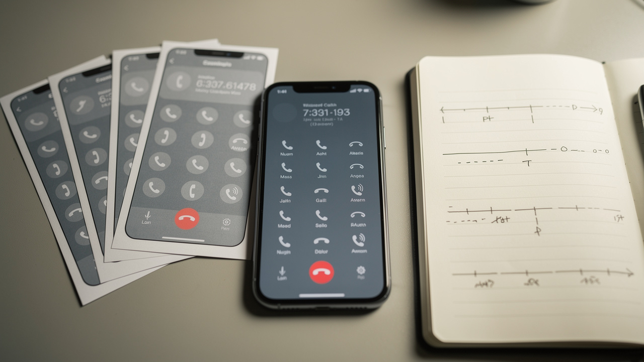 Dossier organisé avec captures d’écran imprimées, smartphone montrant une série d’icônes d’appels répétés et carnet de notes ouvert sur un bureau.