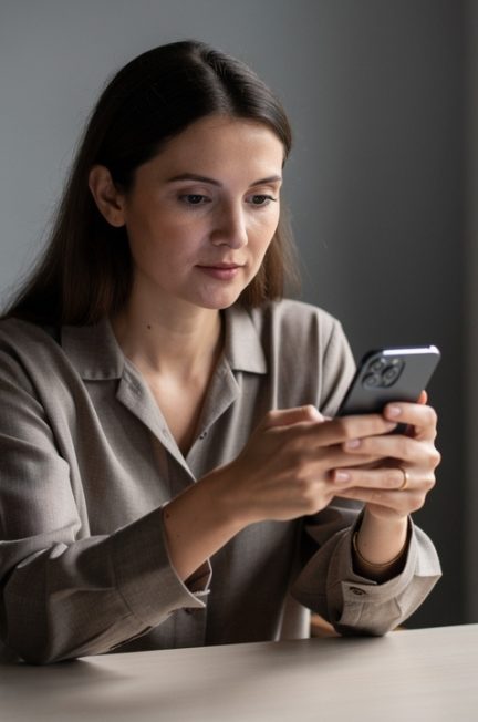 Femme assise à une table dans un intérieur sobre, consultant l’activité récente de son smartphone dans une ambiance réaliste et informative.