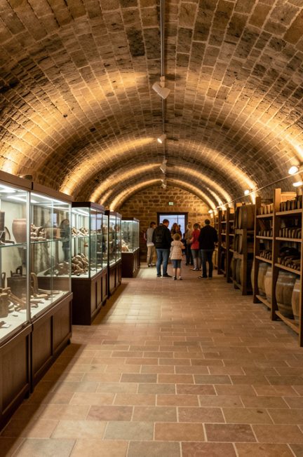 Vue intérieure de caves voûtées en pierre à Passy, avec des vitrines présentant d’anciens outils viticoles, des tonneaux en bois et une lumière chaleureuse.