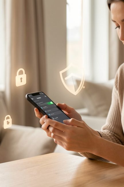 Une femme sécurise son smartphone chez elle dans une ambiance sereine, éclairée par une lumière naturelle, avec de discrètes formes symbolisant la protection.