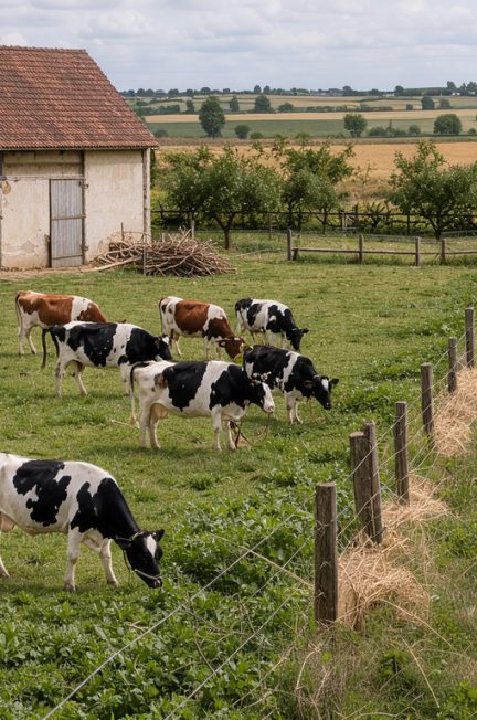Vue documentaire réaliste d’une ferme française de polyculture-élevage avec des vaches au pâturage, des champs de céréales et un bâtiment agricole sous une lumière naturelle.